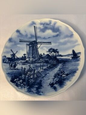Vintage Delft Blauw Hand Decorated Plate – Windmill Scene  Made in Holland